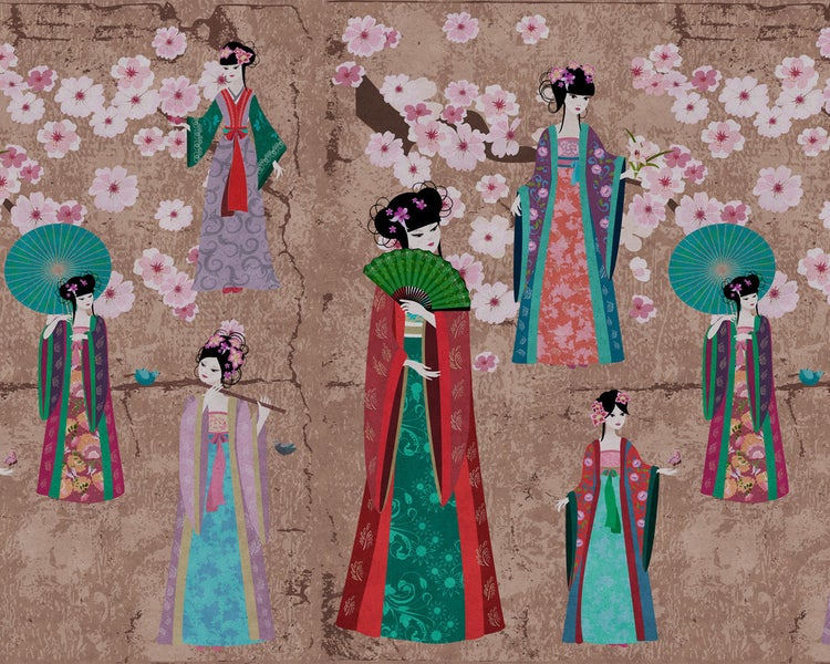 Illustration mit japanischen Frauen, Blumen und Mustern