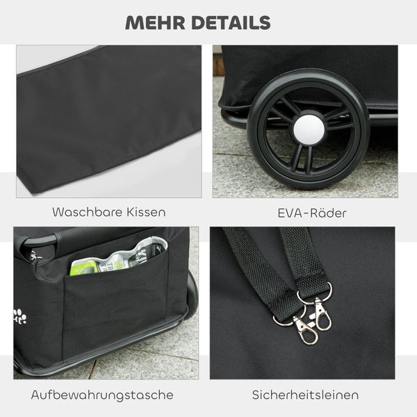 Details eines Transportwagens mit waschbaren Kissen, EVA-Rädern, Aufbewahrungstasche und Sicherheitsleinen