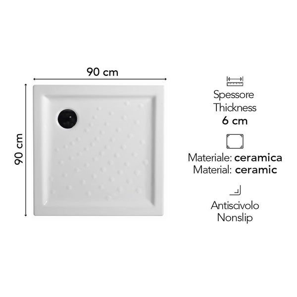 Quadratische Duschwanne aus Keramik mit rutschhemmender Oberfläche, Maße 90 mal 90 Zentimeter, Höhe 6 Zentimeter.