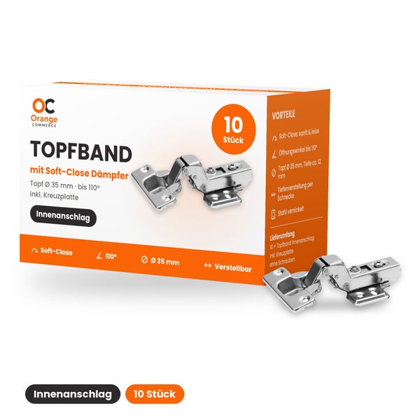 Set mit 10 Topfscharnieren für Innenanschlag, aus vernickeltem Stahl mit Soft-Close Dämpfer, Öffnungswinkel 110 Grad, Topfdurchmesser 35 Millimeter