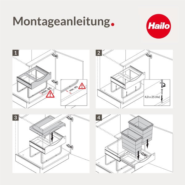 Vierschrittige Montageanleitung für ein Hailo Abfalltrennsystem zum Einbau in einen Unterschrank sowie Hailo Logo.