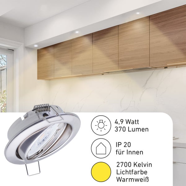 LED Einbaustrahler mit 4,9 Watt und 370 Lumen, warmweiße Lichtfarbe mit 2700 Kelvin, geeignet für den Innenbereich, Schutzart IP 20.