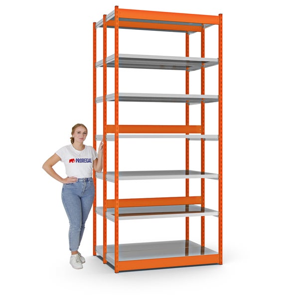 PROREGAL Fachbodenregal Stecksystem Vierkant-Profil Grundregal HxBxT 300 x 132,5 x 40 cm 2x7 Ebenen Doppelseitige Bauart Fachlast 200 kg Orange
