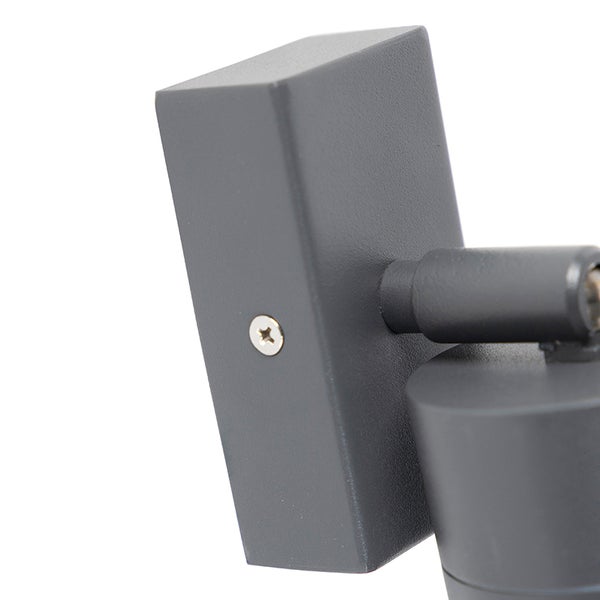 Wandhalterung einer anthrazitfarbenen Leuchte mit Drehgelenk und seitlicher Befestigungsschraube.