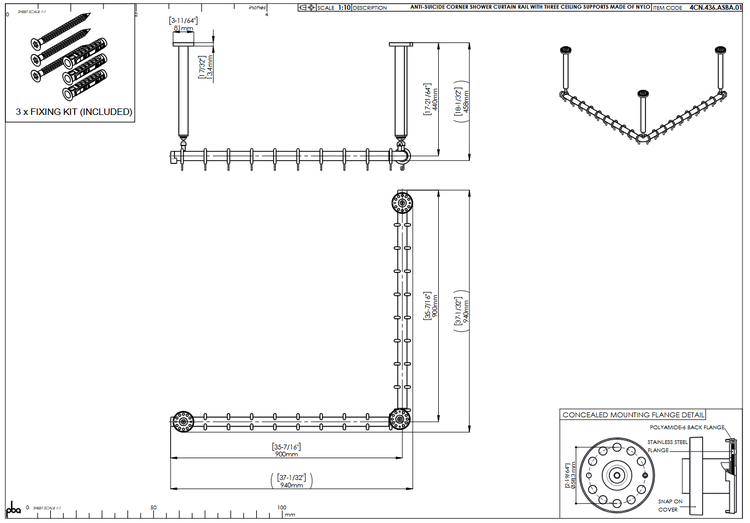 Technische Zeichnung einer L-förmigen Eck-Duschvorhangstange mit drei Deckenstützen, Befestigungsmaterial und Maßangaben.