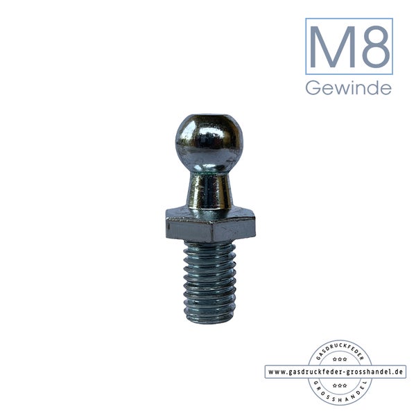 Kugelkopfbolzen aus Metall mit M8 Gewinde für Gasdruckfedern.