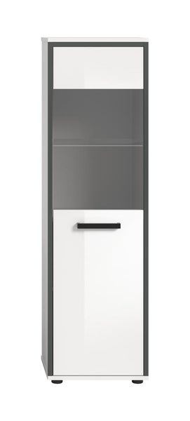 Badhochschrank in Weiß und Grau mit Glaseinsatz und einem schwarzen Griff.