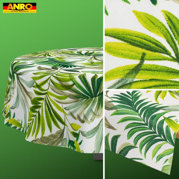 ANRO Logo. Rundes Tischtuch mit grünem tropischem Blattmuster aus gewebtem Textil.