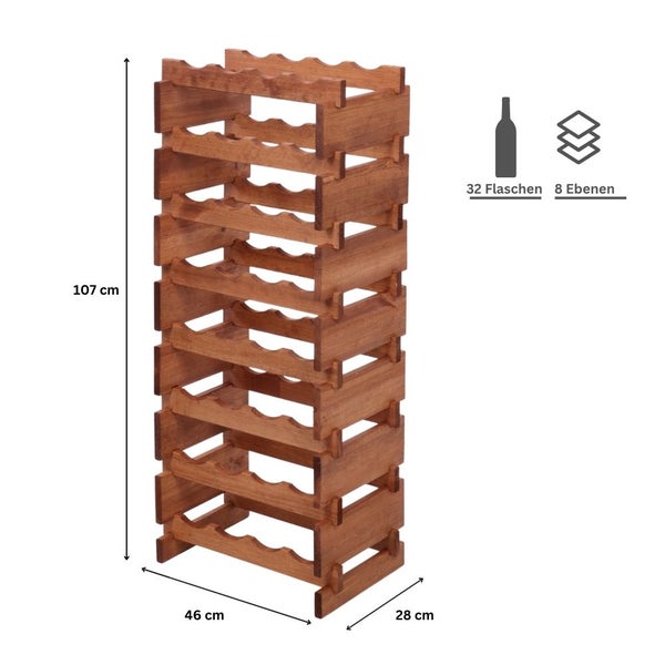 Weinregal VINOTECA FLEX PRO HxBxT 107x46x28cm 32 Flaschen auf 8 Ebenen Massives Kiefernholz Braun geölt