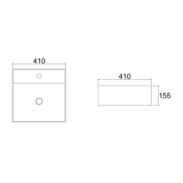 Zeichnung eines Waschbeckens mit den Maßen 410 mal 410 mal 155 Millimeter