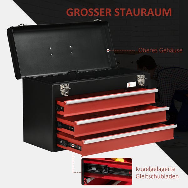 DURHAND, Werkzeugkasten, Werkzeugkoffer, 51L x 22B x 32H cm, Stahl, Schwarz+Rot