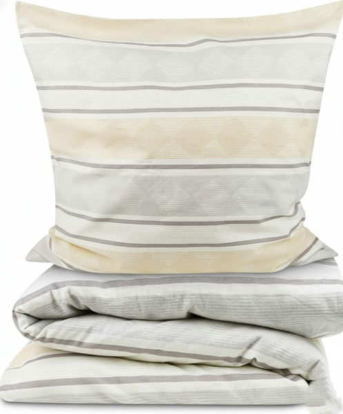 Bettwäsche-Set bestehend aus Kissenbezug und Deckenbezug mit Streifen und Rautenmuster.