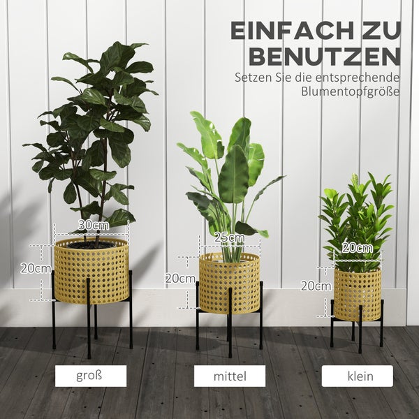Outsunny 3er-Set Pflanzenständer Blumenständer mit Rattanoptik Pflanzenhocker Blumenhocker für Innen und Außenbereich Stahl Gold