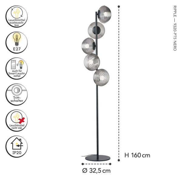 Stehleuchte Ripple mit fünf geriffelten Rauchglaskugeln, Höhe 160 Zentimeter, Durchmesser 32,5 Zentimeter, E27, Trittschalter, ohne Leuchtmittel.