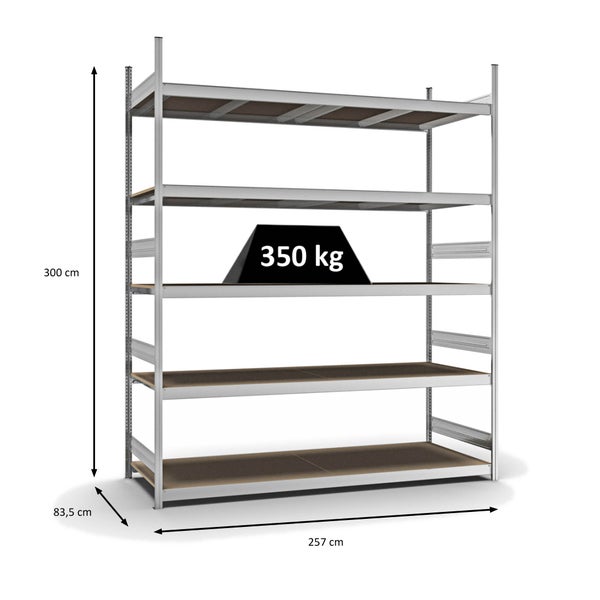 PROREGAL Weitspannregal Stecksystem T-Profil Grundregal HxBxT 300x250x80 cm 5 Ebenen Spanplatten Fachboden Fachlast 350 kg Verzinkt