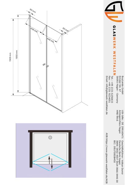 Technische Zeichnung einer Duschkabine mit Maßangaben