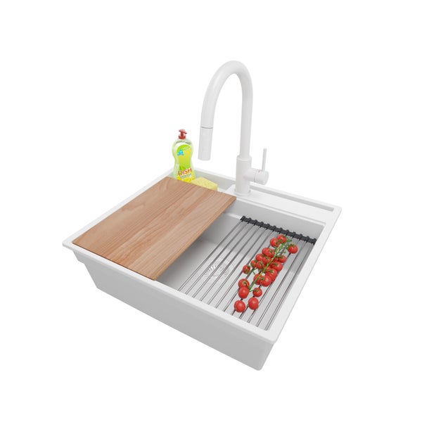 PRIMAGRAN Granitspüle Alles Weiß 58x53cm, Spülbecken 1 Becken + Küchenarmatur 40x20cm + Ablauf-Set + Küchenzubehörset, Küchenspüle ab 60er Unterschrank - Oslo Pocket
