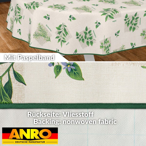 Tischdecke mit Kräutermuster und Paspelband sowie Rückseite aus Vliesstoff, Hersteller Anro Logo