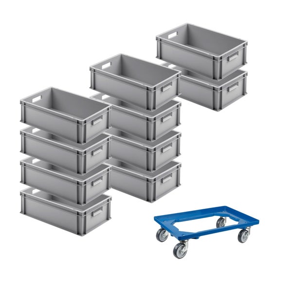 PROREGAL SparSet 10 x Eurobehälter Mit Offenem Griff und 1 x Transportroller Blau HxBxT 17,5 x 40 x 60 cm 30 Liter Eurobox Transportbox