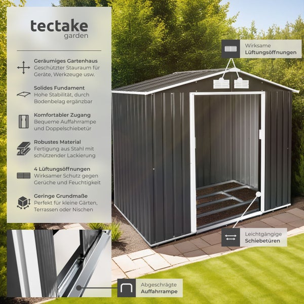 tectake garden Logo. Kompaktes Metall-Gartenhaus in Anthrazit mit Schiebetüren, Rampe, Belüftung und solidem Fundament in einem hellen Garten.