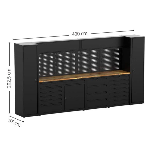 Große Werkbank Kombination mit Schränken und Lochwand, aus Metall mit Holzplatte, 400 cm breit, 202,5 cm hoch und 55 cm tief.