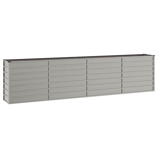 Hochbeet aus Metall in Grau, rechteckig, mit horizontalen Paneelen.