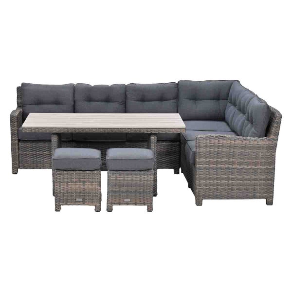 Lounge-Set aus Polyrattan mit Ecksofa, zwei Hockern, grauen Polsterauflagen und rechteckigem Esstisch in Holzoptik.