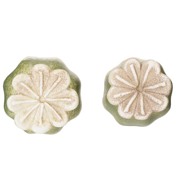 Zwei grüne und weiße Keramik-Mohnkopf-Gartenstecker