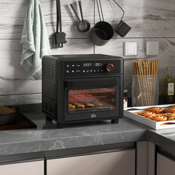 HOMCOM Minibackofen mit Umluft, 13L, mit Backblech, 40 °C-220 °C, mit 12 Programmen, 12h Timer, 1500W, 33,5L x 32B x 32,5H cm, Edelstahl, Schwarz