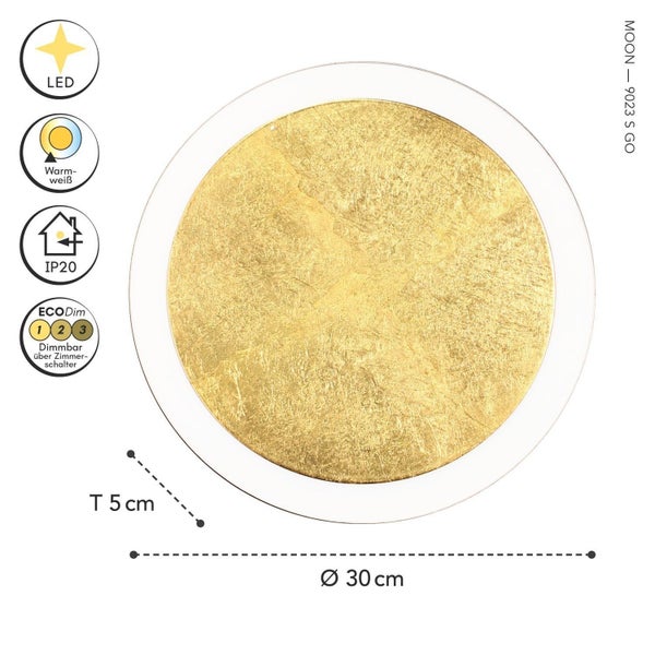Runde LED Deckenleuchte Moon, Blattgold-Optik, klarer Rand, Durchmesser 30 Zentimeter, Tiefe 5 Zentimeter. Warmweiß, IP20, über Wandschalter dimmbar.