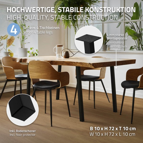 ML-Design 4er Set Tischbeine schräg 72 cm, Schwarz glänzend, aus pulverbeschichtetem Stahl, eckig, Profil 4x4 cm, I-Form, Möbelfüße Metall 96° Neigung, Tischfüße Möbelbeine für Esstisch & Schreibtisch