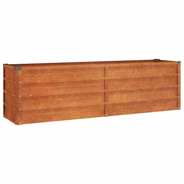 Rechteckiges Hochbeet aus Metall in Holzoptik.