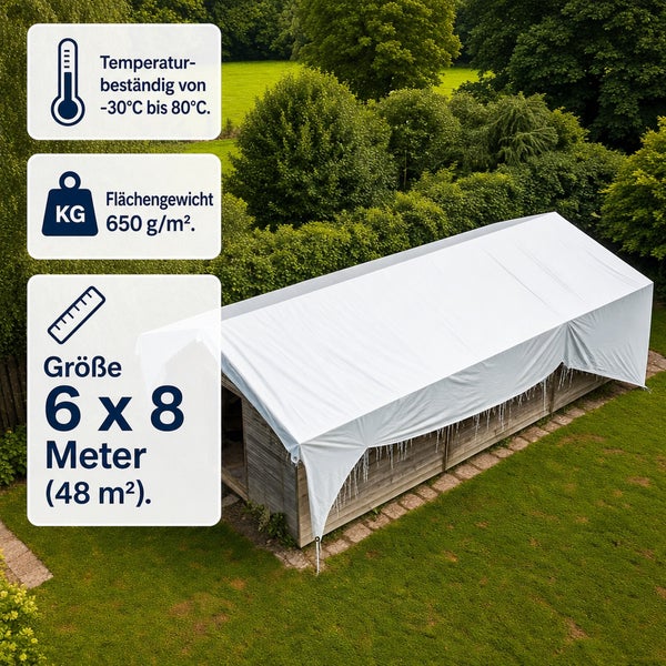 Weiße Gewebeplane mit 650 Gramm pro Quadratmeter und Abmessungen von 6 mal 8 Metern, temperaturbeständig von minus 30 bis 80 Grad Celsius.