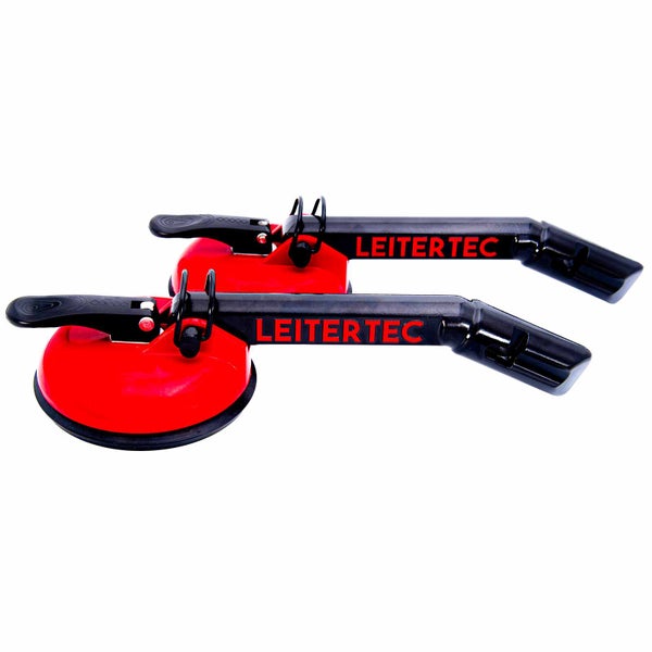 Zwei LEITERTEC Saugheber in Rot und Schwarz mit Hebelmechanismus für glatte Oberflächen.