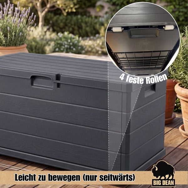 Kunststoff Gartenbox mit Deckel und vier festen Rollen für seitliche Beweglichkeit von Big Dean auf einer Holzterrasse.