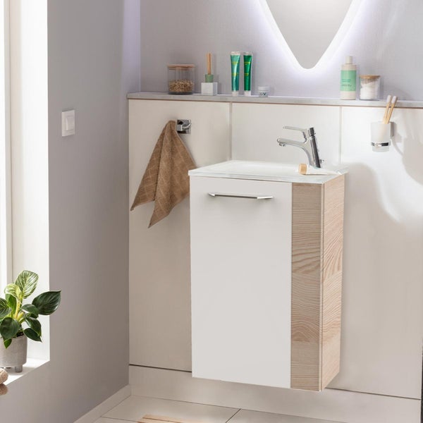 Fackelmann B.CLEVER Gäste-WC Set 2 Teile – Waschtischunterschrank in Weiß mit Holz Braun mit Waschbecken aus Glas in Weiß – SBC Waschbeckenunterschrank schmal – Türanschlag links – 45 cm breit