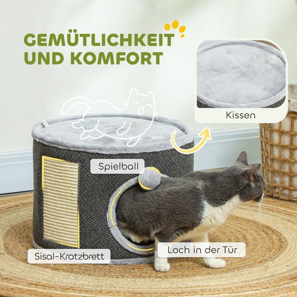PawHut Kratztonne, 30 cm Hoch Katzentonne mit Höhle, Kratzbaum, Katzenturm aus Sisal, für Katze bis 5 kg, Cremeweiß