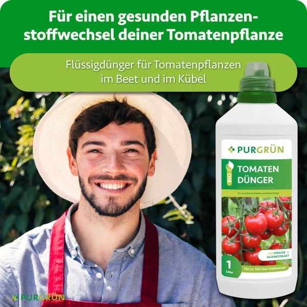 PURGRÜN Bio Tomatendünger Flüssigdünger für Tomatenpflanzen in Beet und Kübel, 1 Liter Flasche mit organischen Inhaltsstoffen.