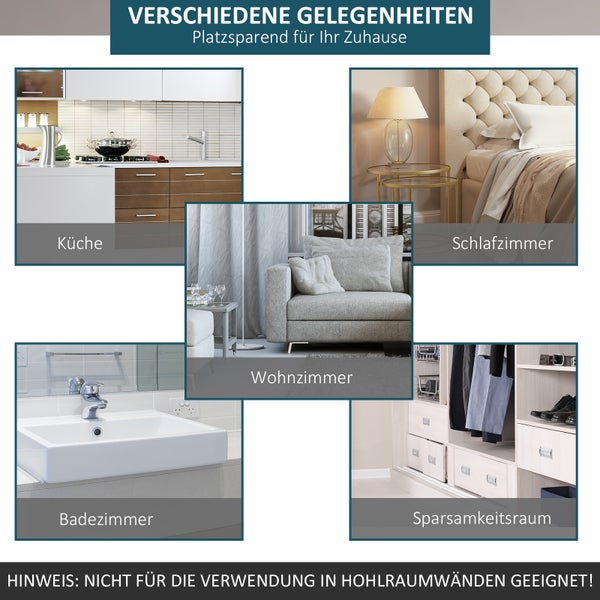 Platzsparende Anwendungen in Küche, Schlafzimmer, Wohnzimmer, Badezimmer und Vorratsraum. Nicht für Hohlraumwände geeignet.