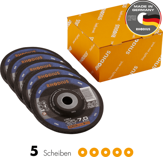 RHODIUS Schruppscheibe KSM, 5 Stück, 125 x 7,0 x 22,23 mm für Stahl, Metall, ALPHAline