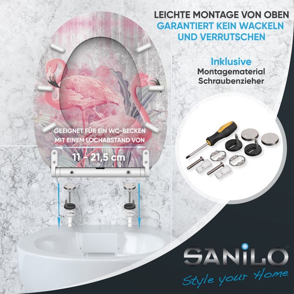 Sanilo WC Sitz mit Flamingo Motiv und Befestigungsmaterial fuer einfache Montage von oben bei 11 bis 21,5 Zentimeter Lochabstand.