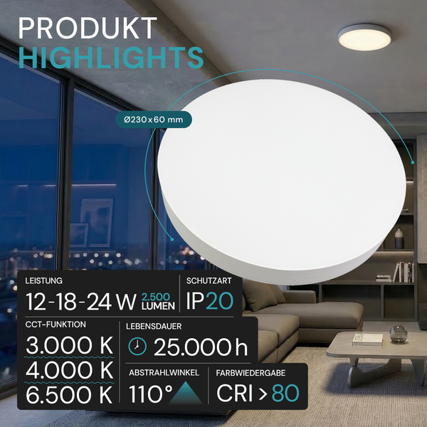 Runde LED-Deckenleuchte im Wohnzimmer. Highlights: 2500 Lumen, Farbtemperatur 3000 bis 6500 Kelvin, 25000 Stunden Lebensdauer, 110 Grad.