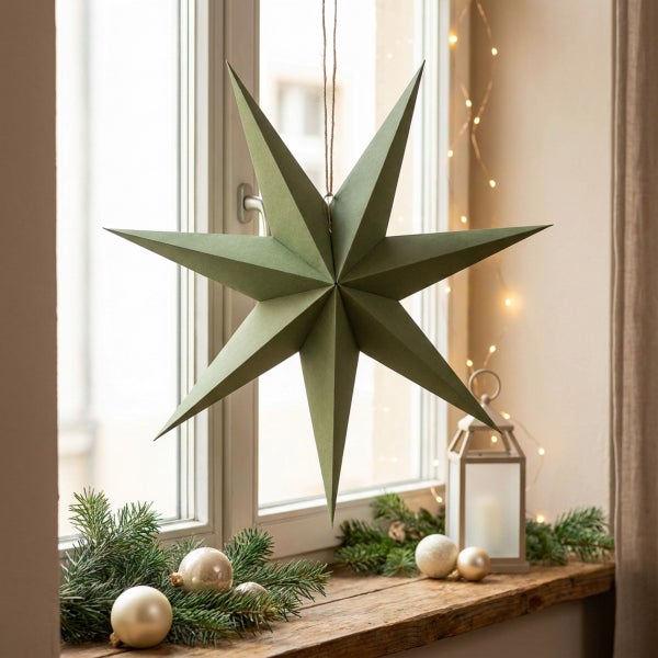 Ein dekorativer Papierstern zum Aufhängen vor einem Fenster, dekoriert mit Tannenzweigen, Weihnachtskugeln und einer Laterne als Fensterdekoration.