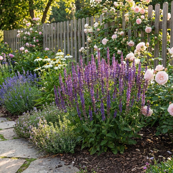 Blühender Garten mit violettem Steppensalbei, rosa Rosen, weißem Sonnenhut und einem rustikalen Holzzaun an einem Steinweg.