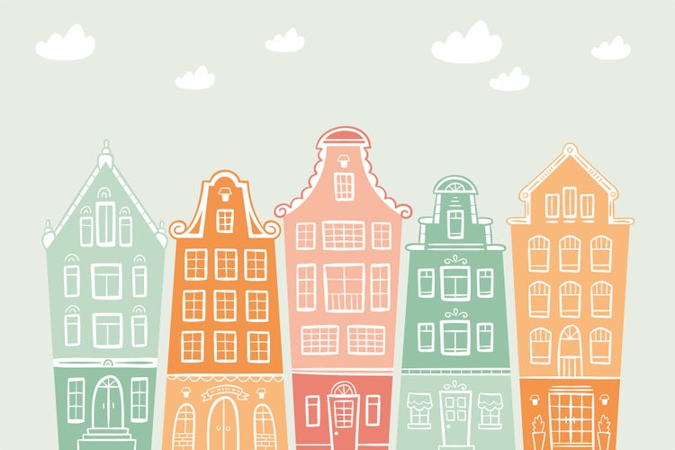 Wandbild mit einer Illustration von fünf stilisierten Giebelhäusern im Amsterdamer Stil mit kleinen Wolken vor einem ruhigen Hintergrund.