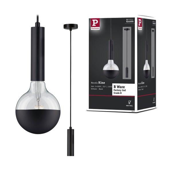 Paulmann Pendelleuchte Neordic Kine aus schwarzem Metall mit dekorativem Leuchtmittel und Produktverpackung.