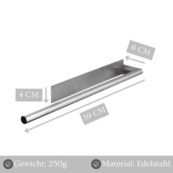 Edelstahl Handtuchhalter mit Wandbefestigung, Maße 39 mal 6 mal 4 Zentimeter, Gewicht 250 Gramm.