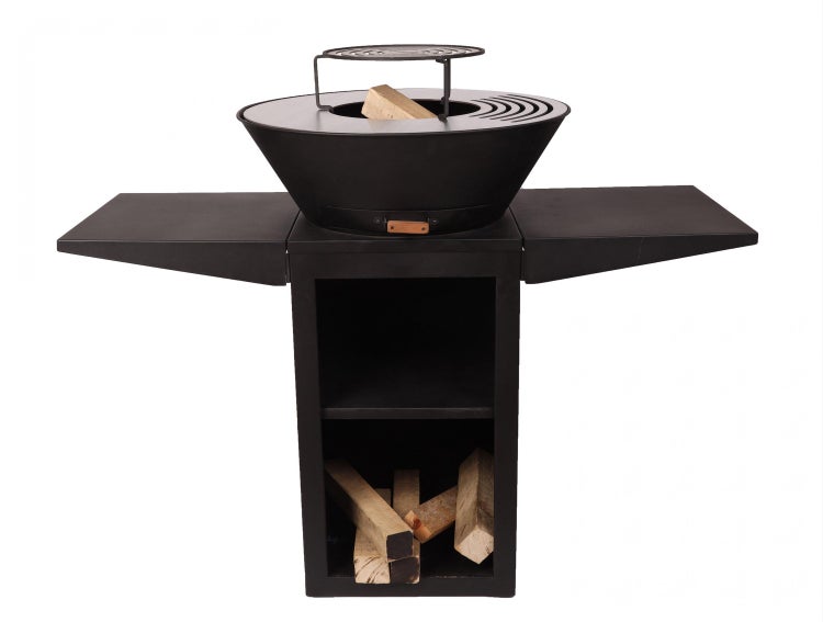 Feuerschale mit Ablageflächen und Holzscheit-Lagerung