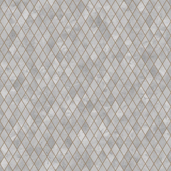 Tapete mit geometrischem Rautenmuster in grauer Betonoptik und goldfarbenen Konturen.