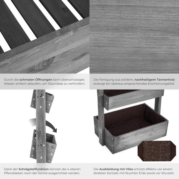Details eines vertikalen Pflanzregals aus Tannenholz mit Entwässerungsschlitzen, Holzstruktur, Schrägstellfunktion und Vliesauskleidung.
